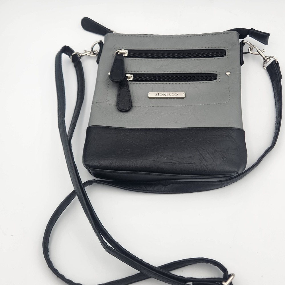 Stone & Co. Gray Faux Leather Crossbody‎ Bag with Black Trim 7x8 Inches